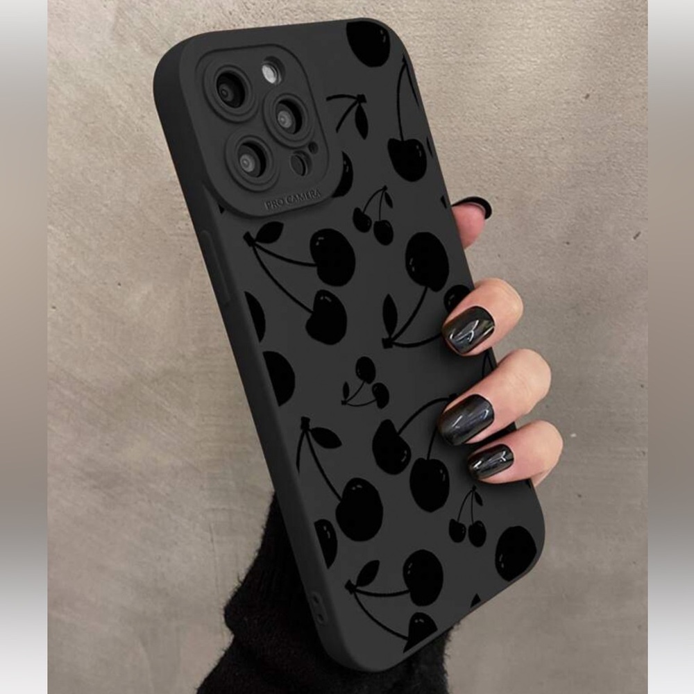 🆕 iPhone 16 Pro Max Black Cherry 🍒 Pattern Soft Phone Case!